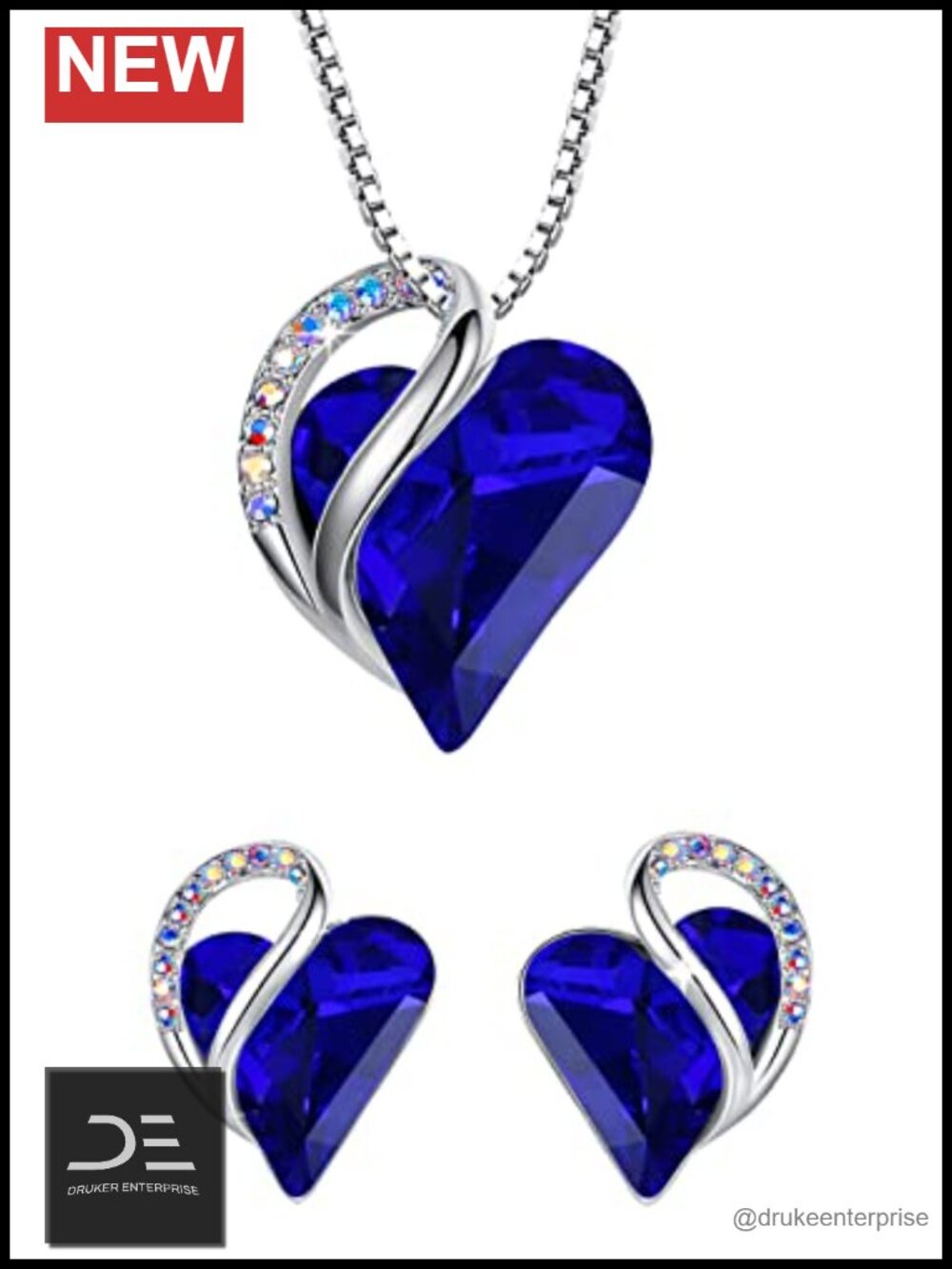Austrian Crystal Heart Necklace & Earring Set Silver Tone Lobster Claw